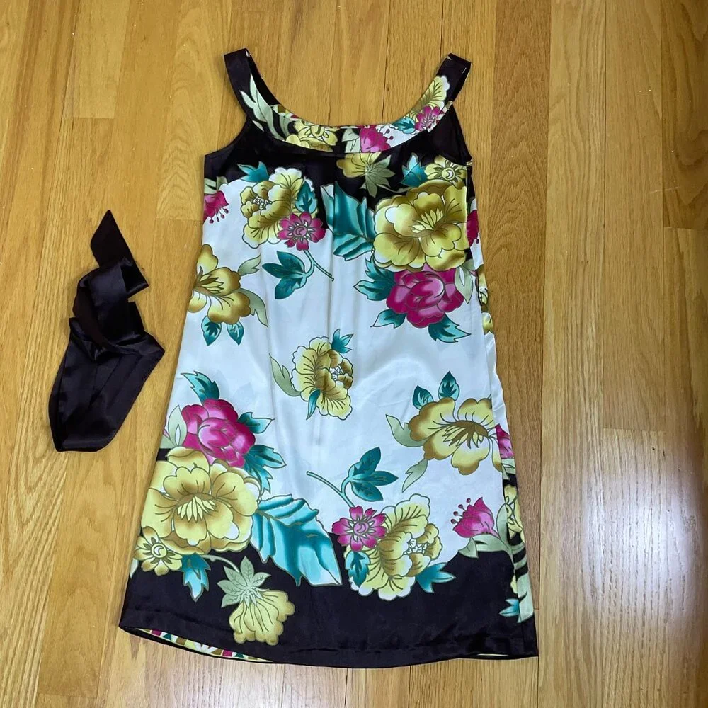 Geisha Dress Silk Floral Brown Yellow Multi (S) - Picture 5 of 9